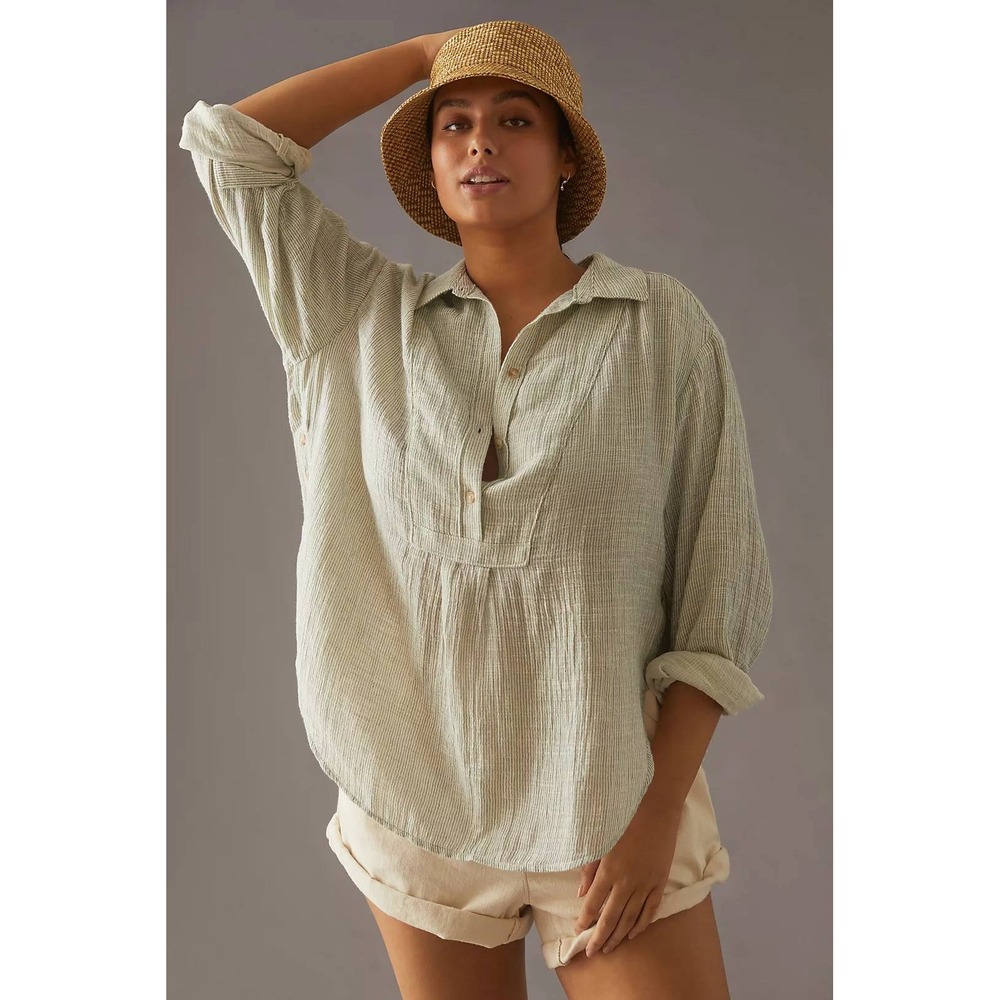 Anthropologie Gauze Button-Side Henley Tunic Top Butter Yellow Small